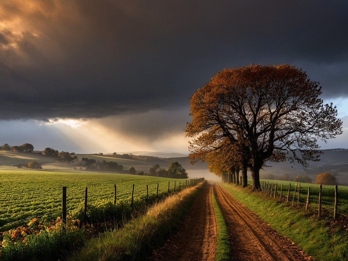 Winding Dirt Road Through Autumn Fields and Clouds