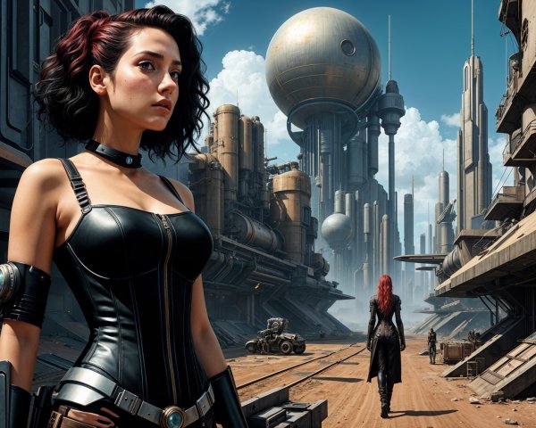 Futuristic Cityscape with Confident Woman and Structures