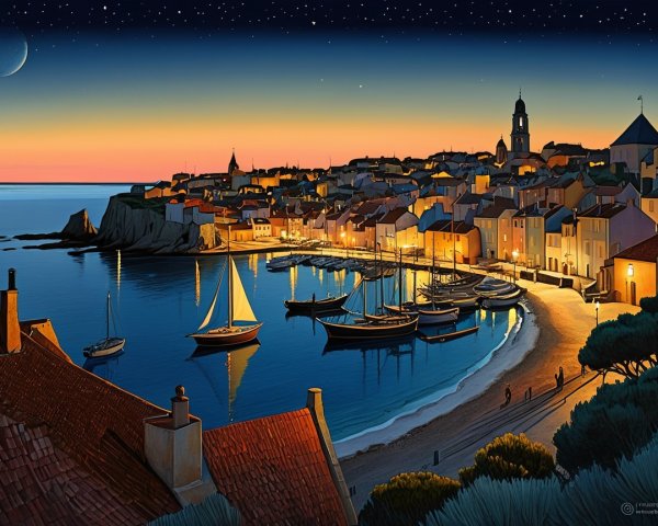 Twilight Coastal Village with Charming Lights and Boats