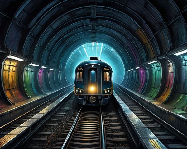 Sleek train in vibrant underground tunnel setting