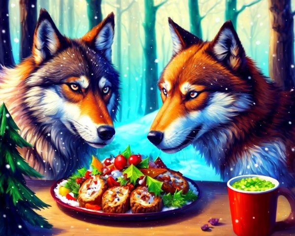 Realistic wolves with festive meal in snowy forest