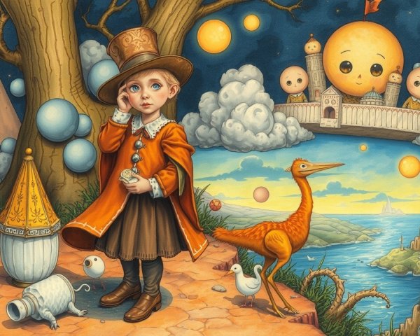 Whimsical Child in Orange Coat in Vibrant Landscape