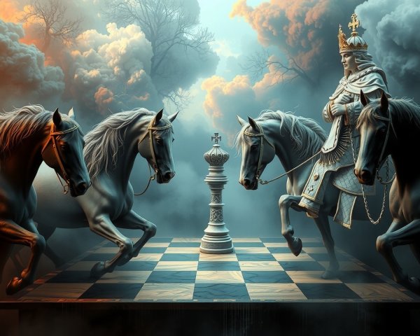 Dramatic Chess Scene in a Misty Landscape