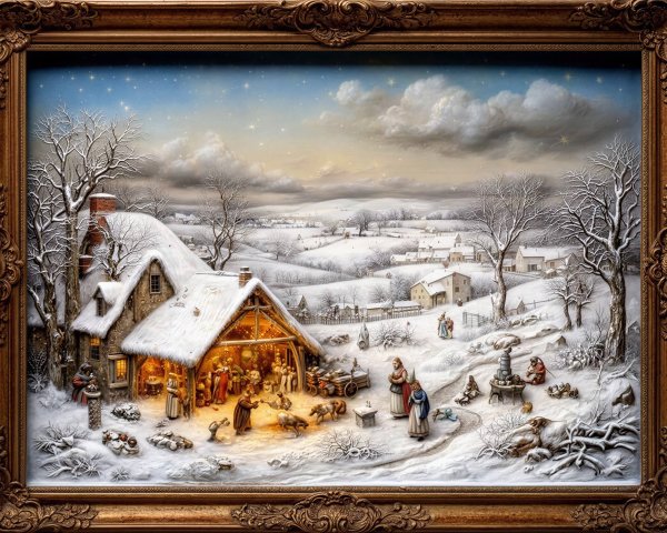 Vibrant Winter Village Scene with Nativity and Villagers