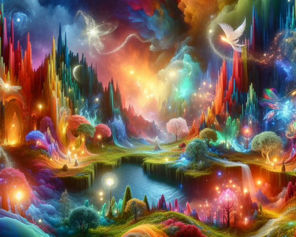Vibrant Fantastical Landscape with Ethereal Elements