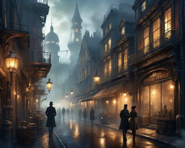 Misty Victorian Street Scene with Gas Lamps and Fog