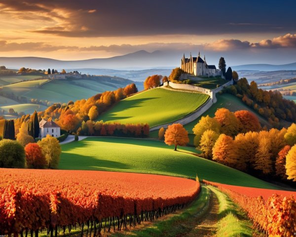Autumn Landscape with Vineyard and Castle Overlook