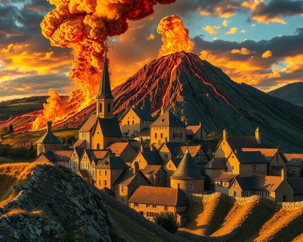 Village at Volcano Base with Sunset and Lava Eruption