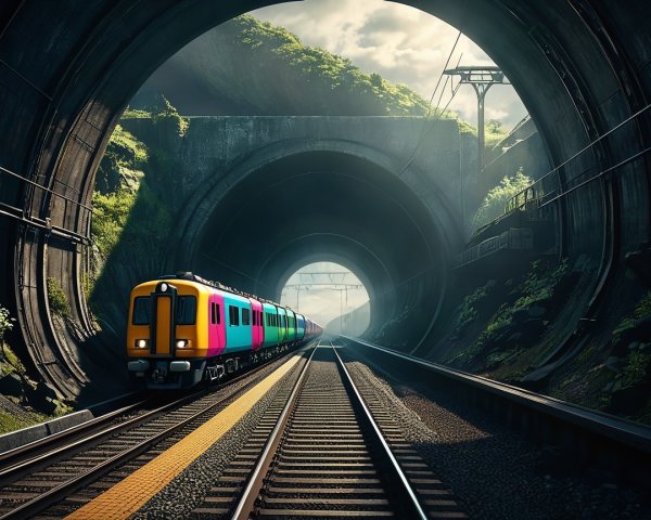 Vibrant Train Exiting Dark Tunnel Surrounded by Nature
