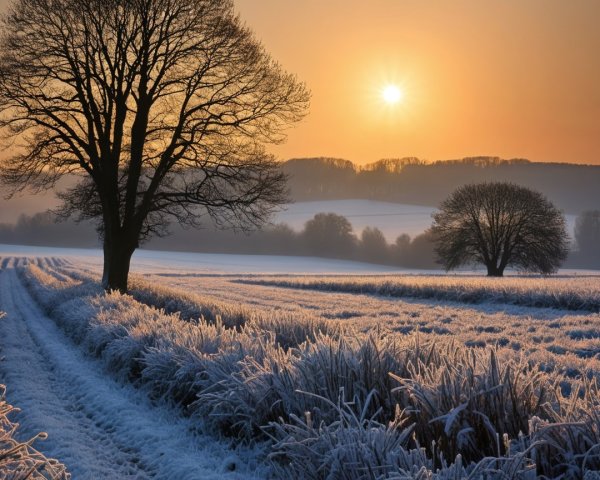 Tranquil Winter Landscape with Frosty Fields and Trees