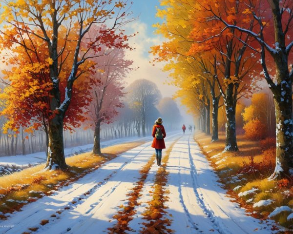 Autumn Pathway with Snow and Colorful Leaves