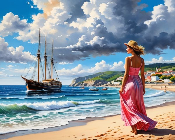 Woman in Pink Dress on Beach with Tall Ship and Ocean