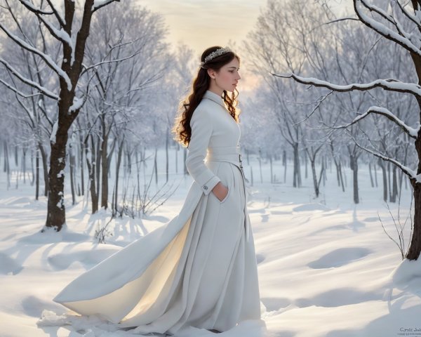 Young woman in white coat walking in snowy forest