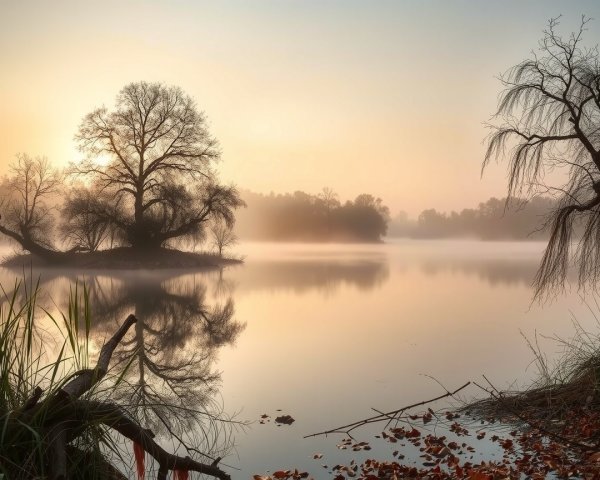 Serene Lakeside Scene at Dawn with Mist and Reflections