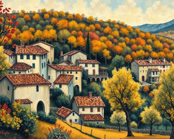 Italian Countryside with Autumn Trees and White Houses