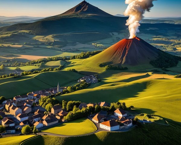 Aerial View of Volcanic Landscape with Village