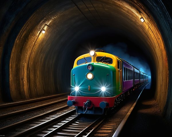 Vintage Train Emerging from Dark Tunnel with Steam