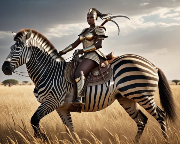 Warrior Woman in Golden Armor Riding a Zebra