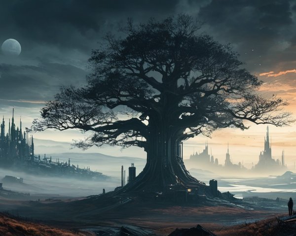 Gnarled Tree in a Barren Landscape with Ruined City
