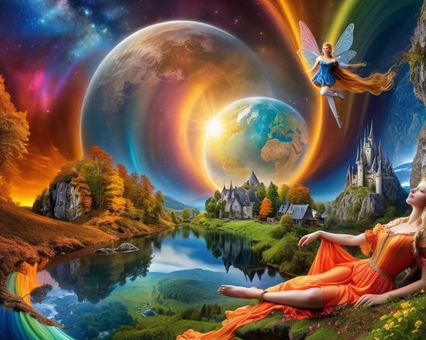 Fantasy Landscape with River, Planets, and Fairy