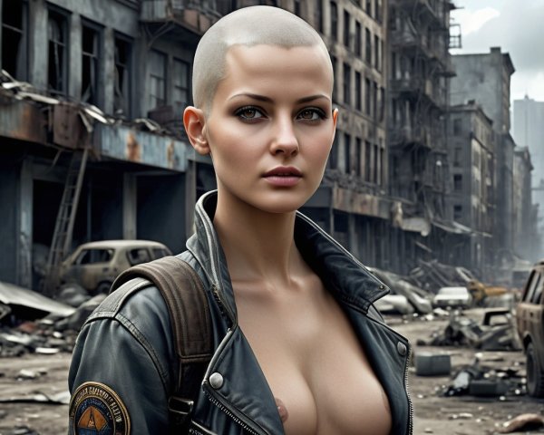 Confident Woman in Post-Apocalyptic Urban Setting