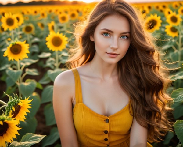 Young Woman in Yellow Dress Surrounded by Sunflowers