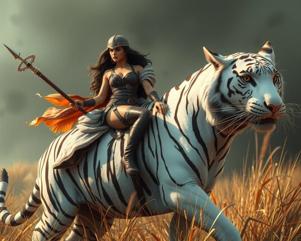 Warrior Woman on White Tiger in Golden Grassland