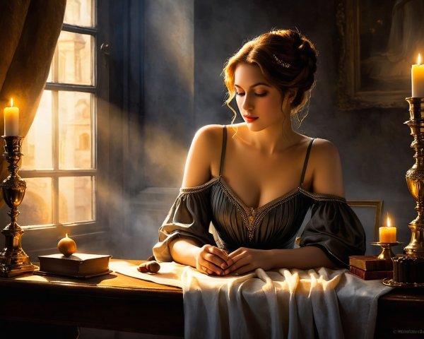 Elegant Woman in Candlelight with Soft Waves