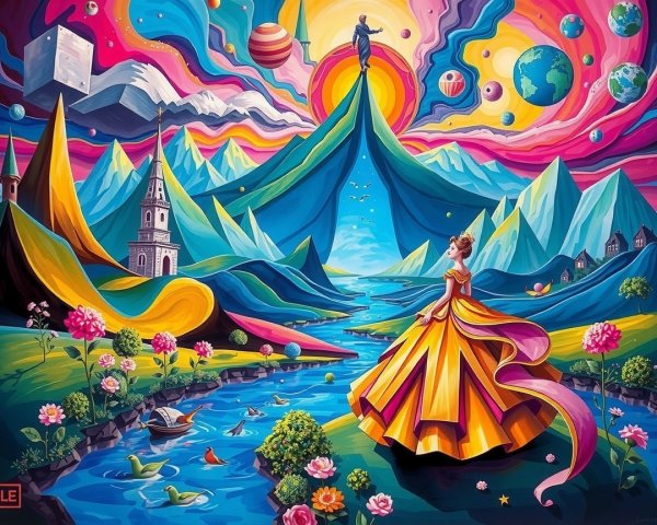 Surreal Landscape with Figure in Yellow Gown by River