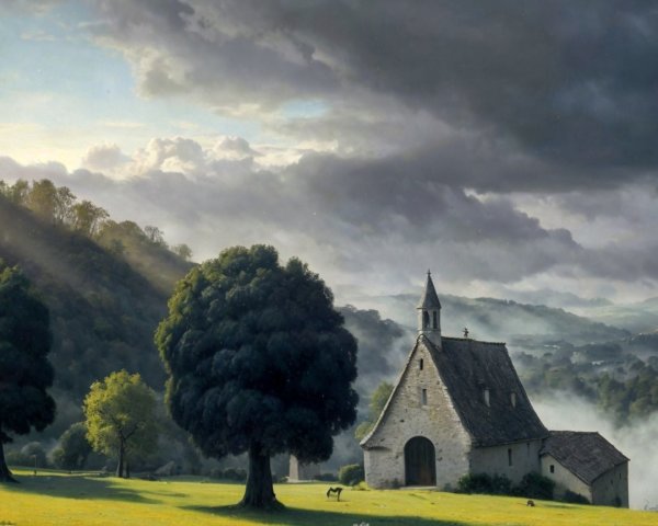 Serene Landscape with Stone Church and Lush Fields