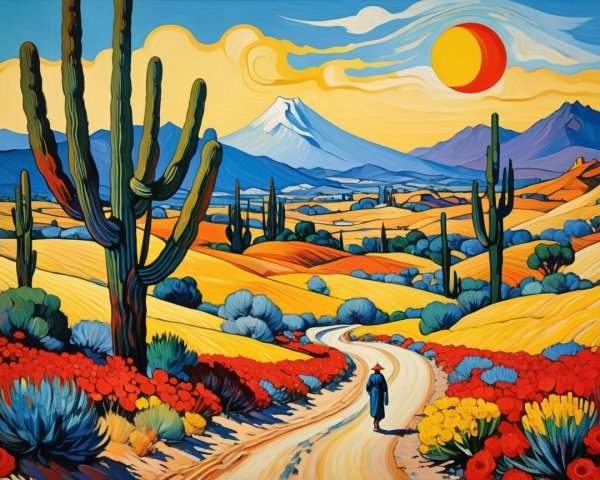 Vibrant Landscape with Winding Road and Colorful Fields