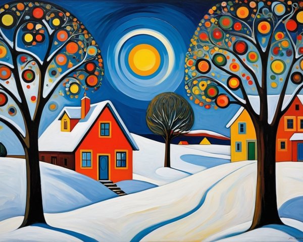Vibrant Winter Landscape with Colorful Houses and Moon