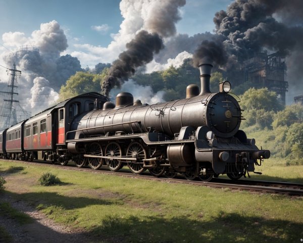Vintage steam locomotive in lush green landscape