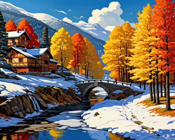 Autumn Landscape with River, Trees, and Snow-Covered Homes