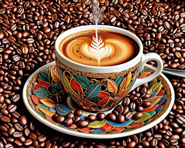 Elegant Coffee Cup on Decorative Saucer with Beans