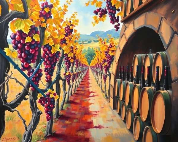 Vibrant Vineyard with Grape Clusters and Stone Archway