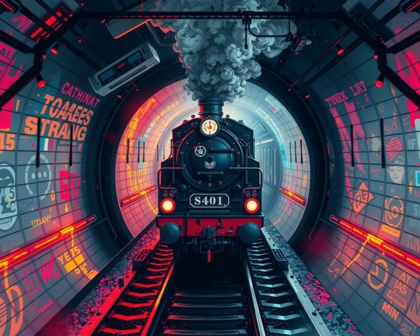 Vintage Steam Locomotive in Neon Graffiti Tunnel