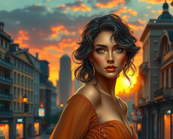 Woman in urban sunset with vibrant orange top