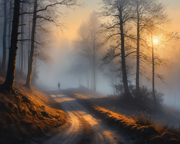 Solitary Figure on a Misty Forest Path at Dawn