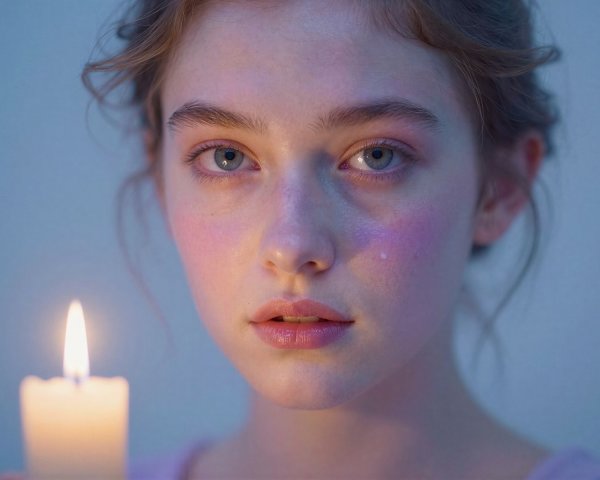 Close-up of a young woman with fair skin and blue eyes