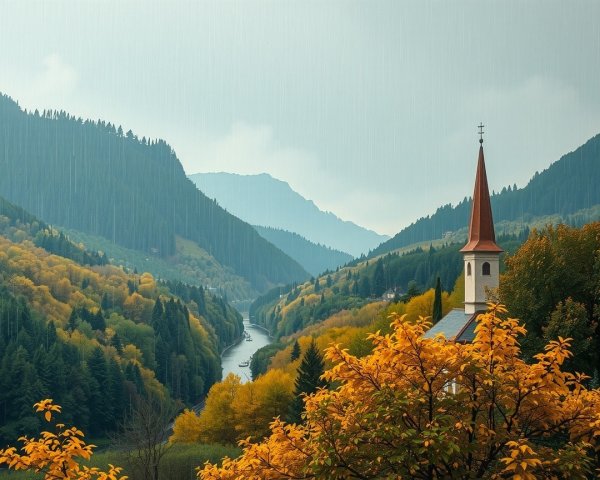Serene Landscape with Quaint Church and Autumn Foliage