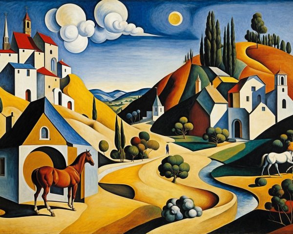 Vibrant Landscape with Hills, Villages, and Nature Elements