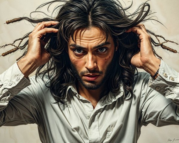 Portrait of a Young Man with Flowing Hair and Intense Expression