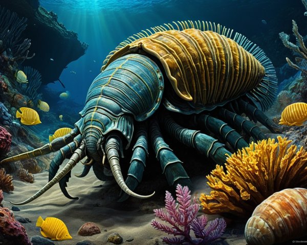 Vibrant Underwater Scene with Armored Creature and Coral