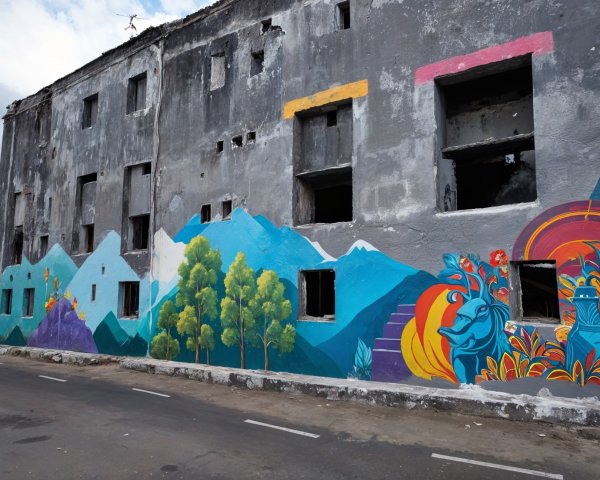 Vibrant Mural on Weathered Building Facade