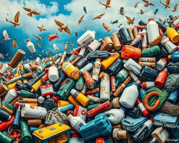 Chaotic Pile of Plastic and Metal Waste Under Sky