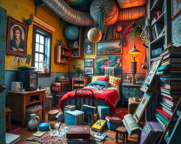 Cozy Eclectic Bedroom with Vibrant Decor and Lighting