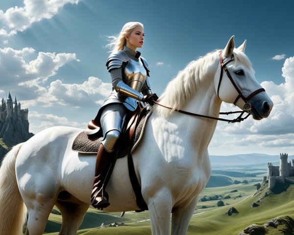 Knight on White Horse in Fantasy Landscape