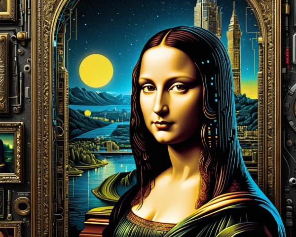 Reimagined Mona Lisa in Futuristic Cityscape Setting