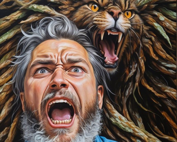 Man in Terror with Roaring Lion in Surreal Scene